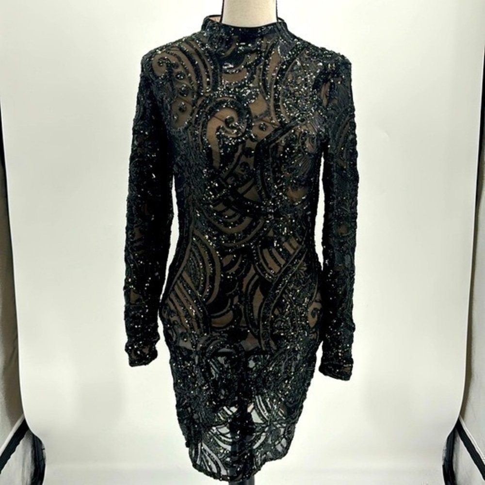 UEC Style Rack of LA long sleeve high neck black sequin dress medium